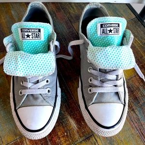 Converse women low top sneakers size 7, gray base with green tongue, and green